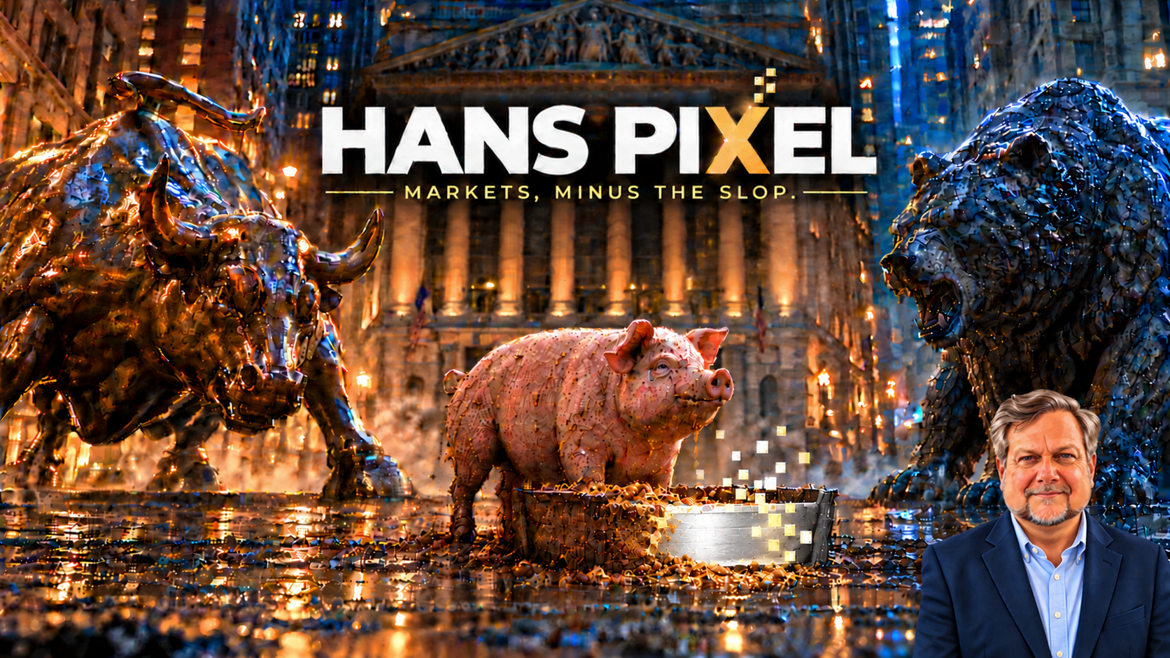 Hans Pixel artwork: a gold metallic bull and blue metallic bear face a pig in front of an illuminated stock exchange, with a portrait in the lower right.